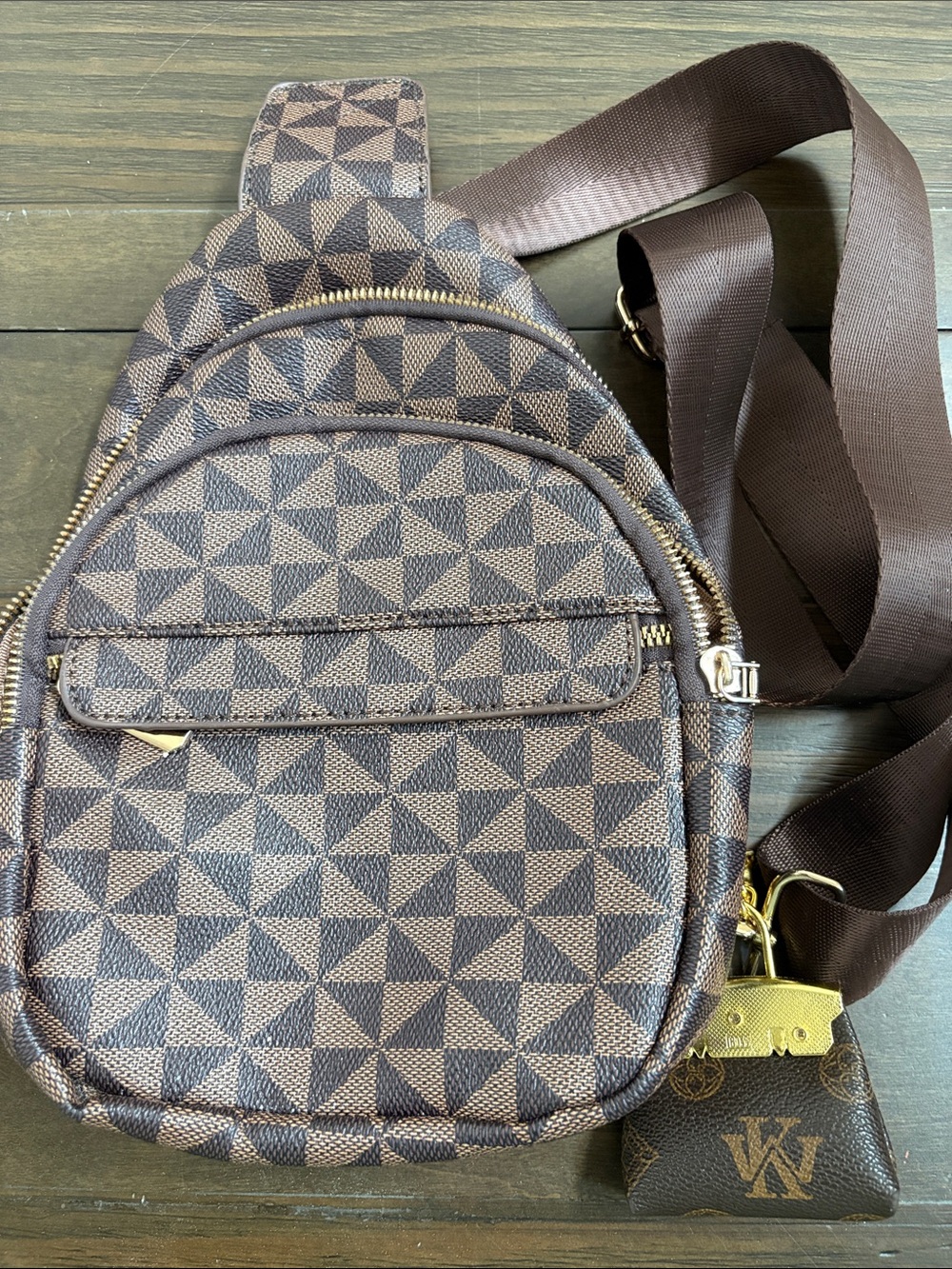 Amazon Brown Geometric Crossbody Sling Bag with Gold Hardware